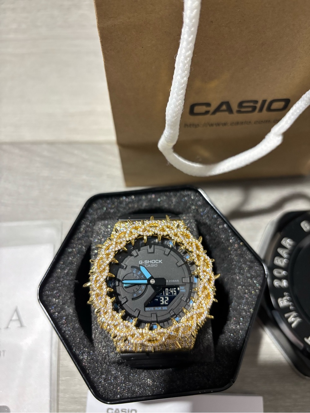 Custom G-Shock GA2100 Black Blue 18K Gold Plated VVS Moissanite Watch